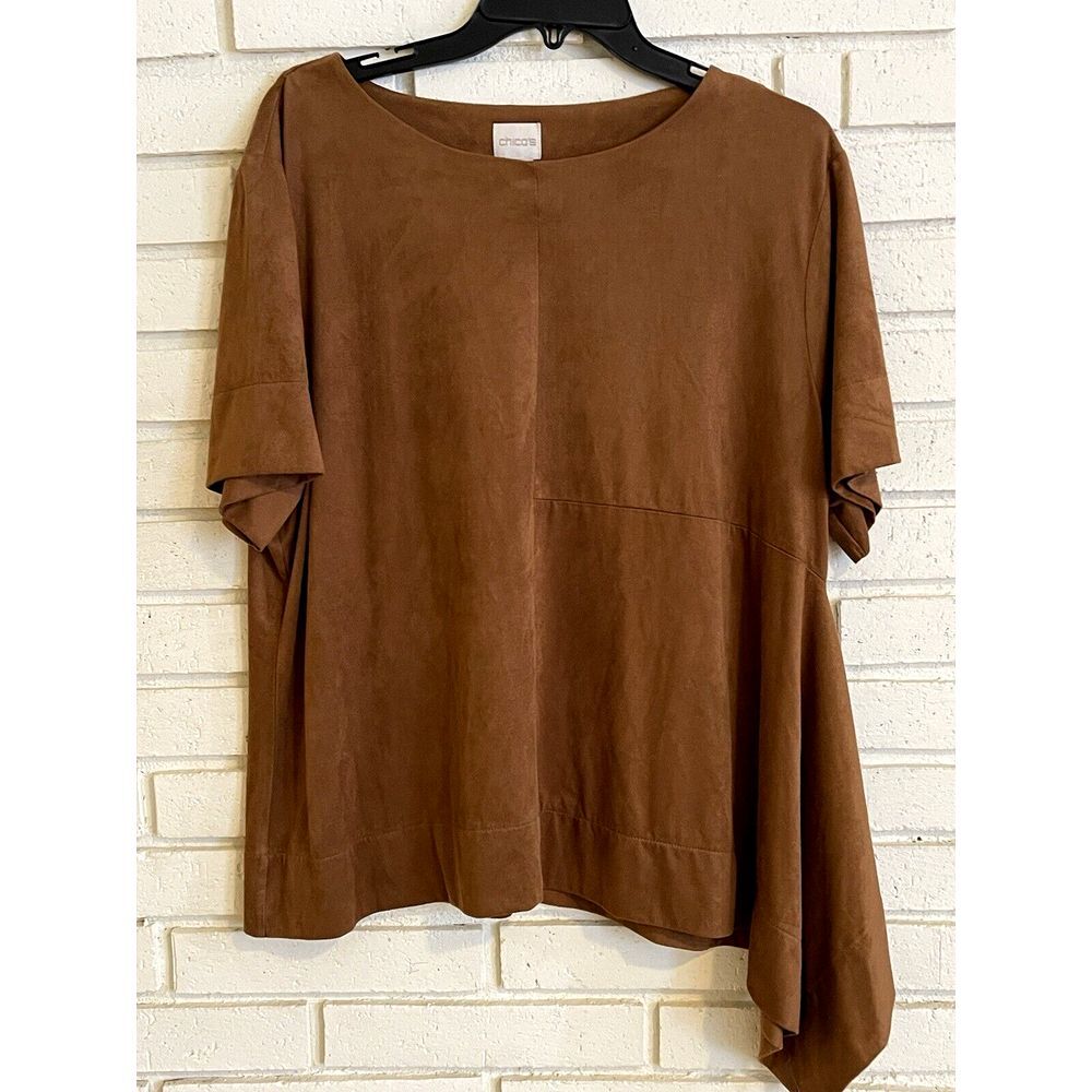 Chicos 3 Top Womens  XL Brown Asymmetrical Hem‎ Blouse Casual Basic Faux Suede